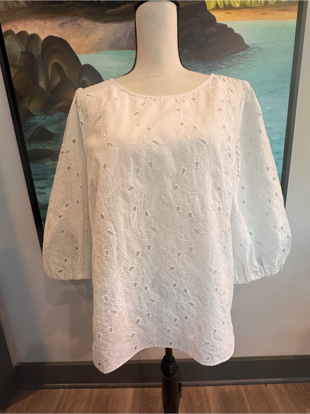 Talbots White Eyelet Puff-Sleeve Blouse - Picture 2 of 9